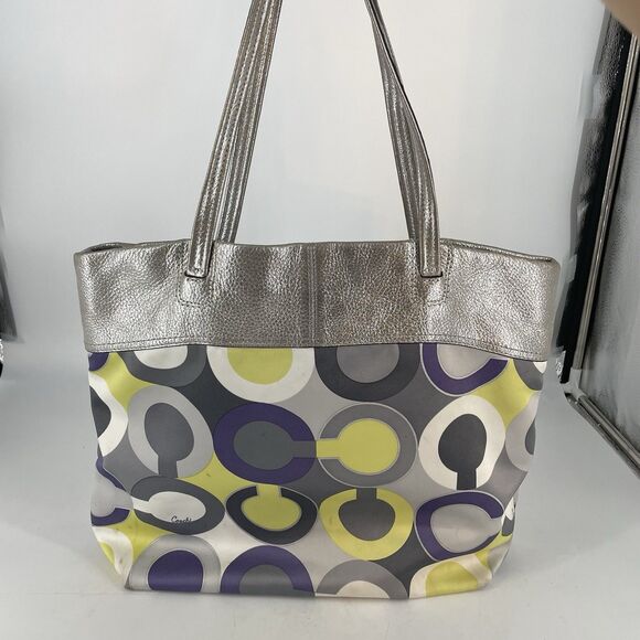 Coach  14970 Julia Op Art Signature Shoulder Tote Bag Silver 16”X13” - Picture 3 of 9